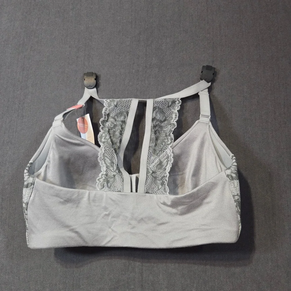 Cacique Bra Womens 36DD Gray Lace Racerback Front Close No-Wire NEW